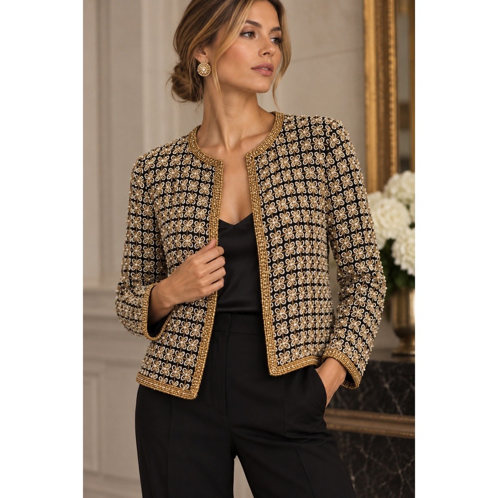 Vintage Stenay Beaded Silk Gold All Over Beaded Evening Jacket Size S Party Gala